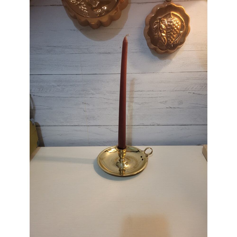 Vintage Solid Brass Candle Holder w/ Ring Thumb Grip Handle and Drip Catch